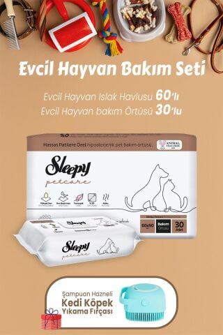 Sleepy Petcare Evcil Hayvan Islak Havlusu 60'lı, Bakım Örtüsü 30' lu ve Kedi Köpek Yıkama Fırçası