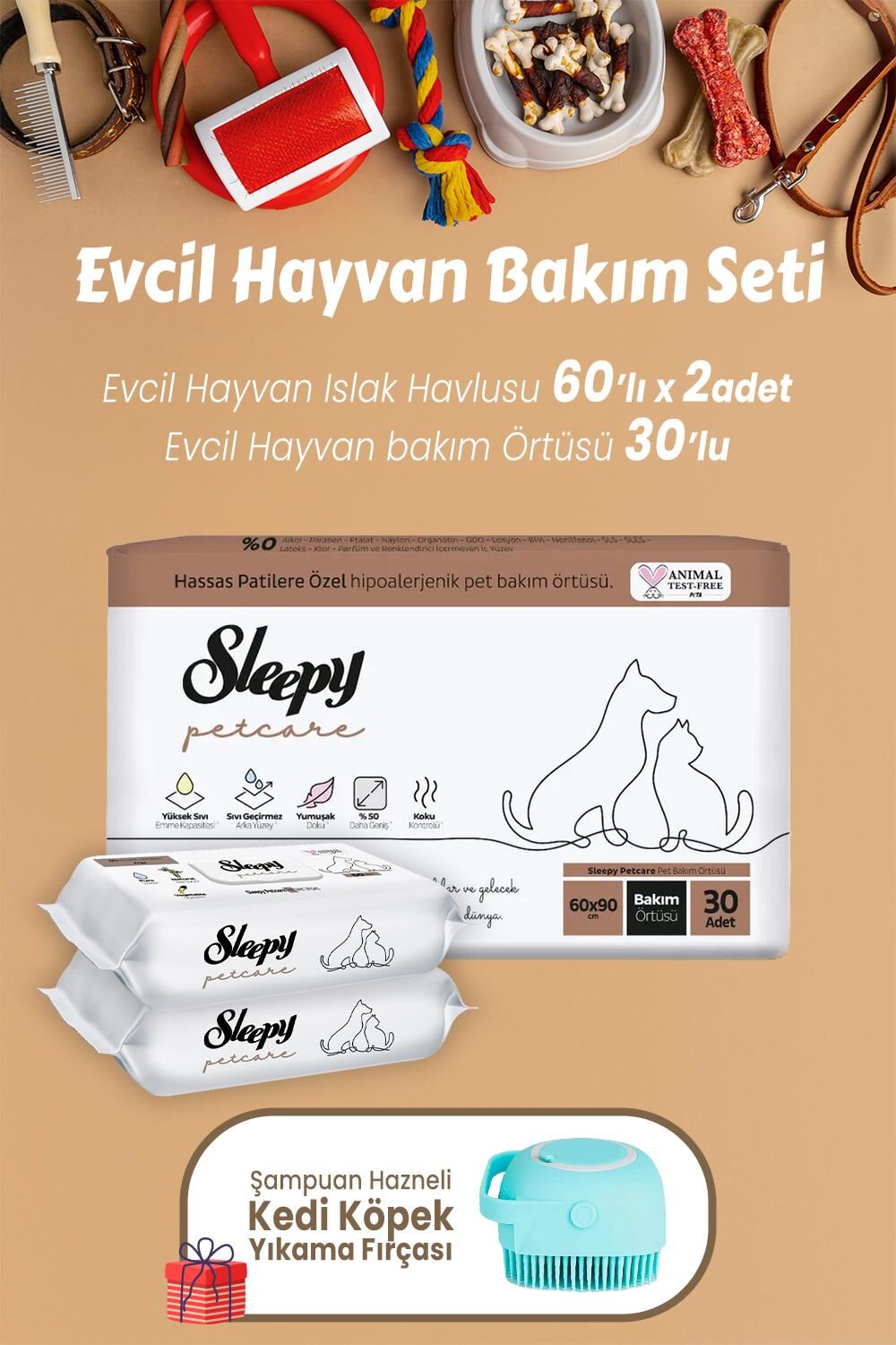 Sleepy Petcare Evcil Hayvan Islak Havlusu 60'lı x 2 Adet, Bakım Örtüsü 30' lu ve Kedi Köpek Yıkama Fırçası