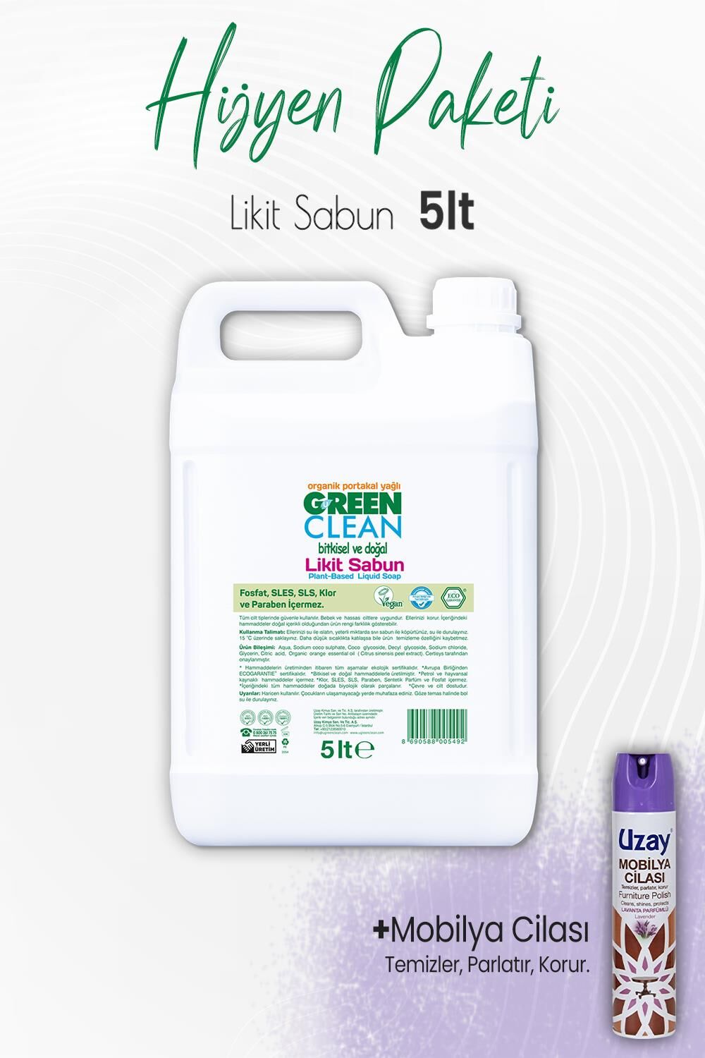 Green Clean Bitkisel Bulaşık Deterjanı Portakal 5 lt ve Mobilya Cilası Lavanta 300 ml