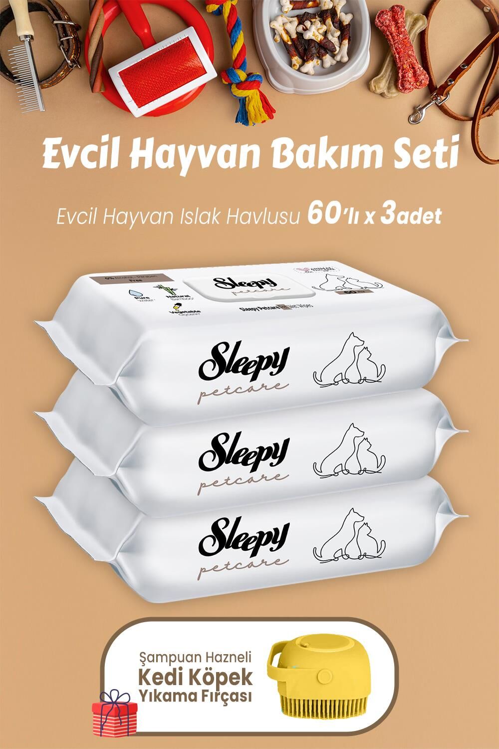 Sleepy Petcare Islak Havlu 60'lı x 3 Adet ve Şampuan Hazneli Fırça Sarı