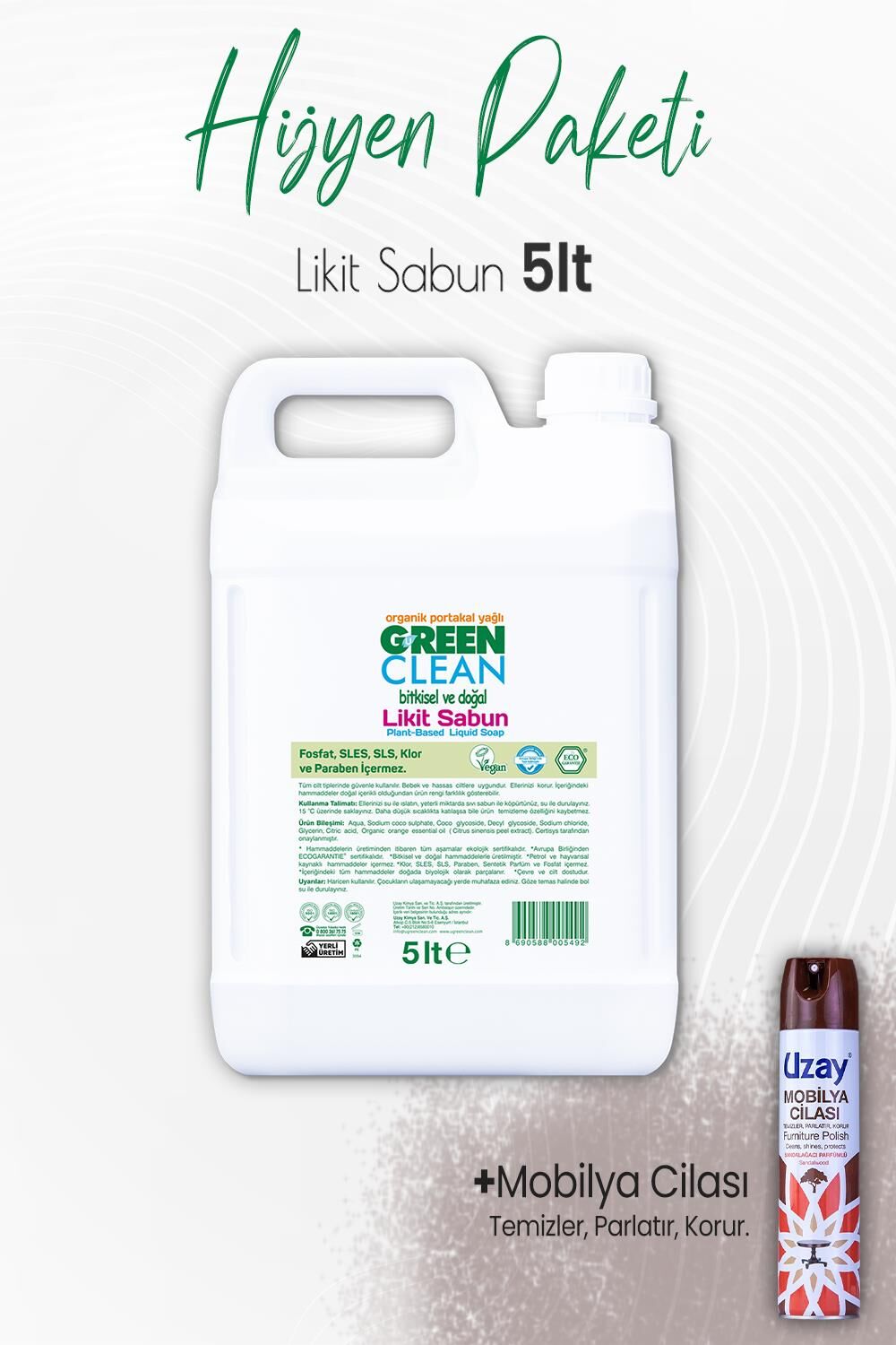 Green Clean Likit Sabun Portakal 5 lt ve Mobilya Cilası Sandalağacı 300 ml