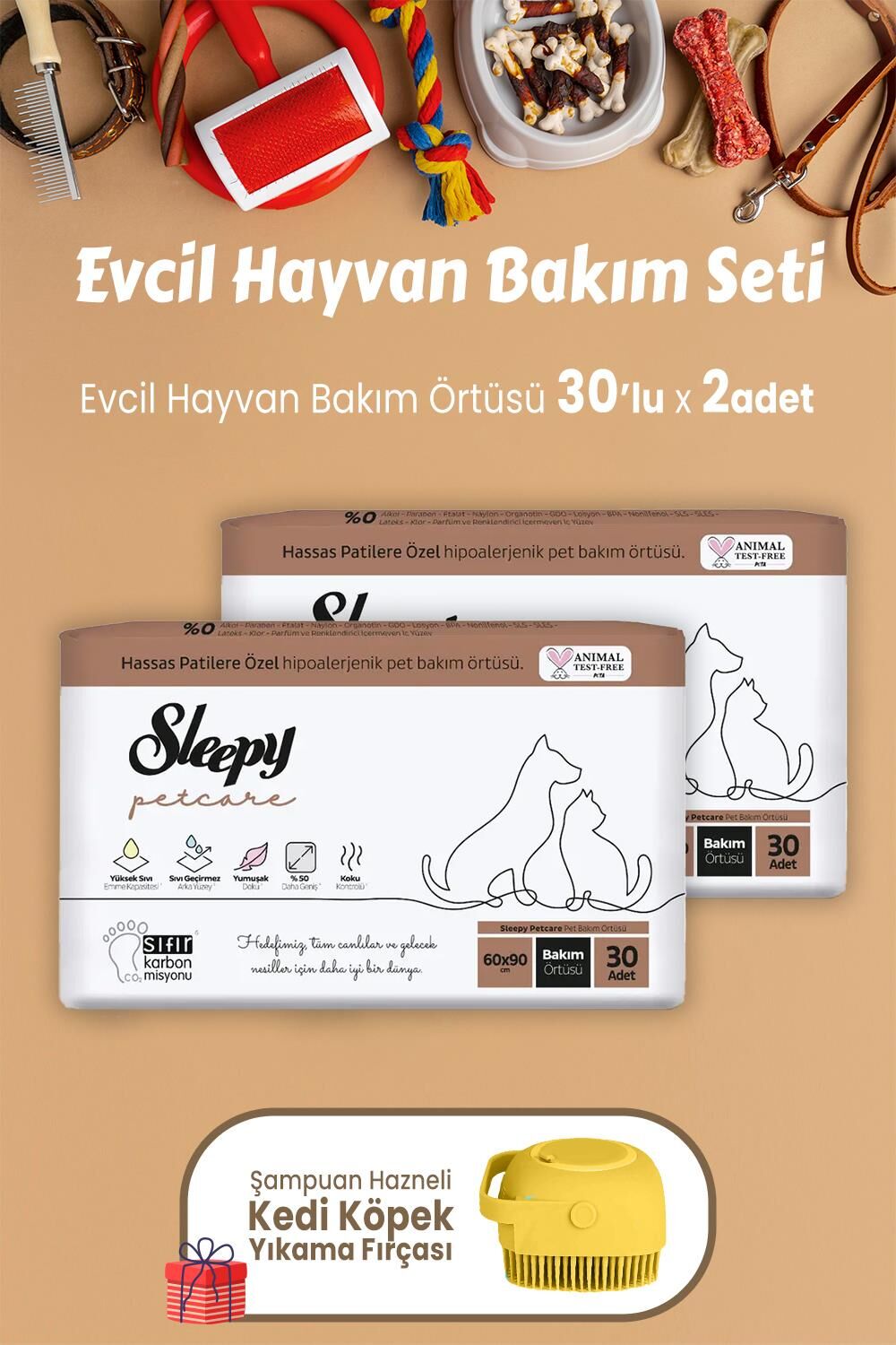 Sleepy Petcare Evcil Hayvan Bakım Örtüsü 30 Adet x 2 Adet ve Şampuan Hazneli Fırça Sarı
