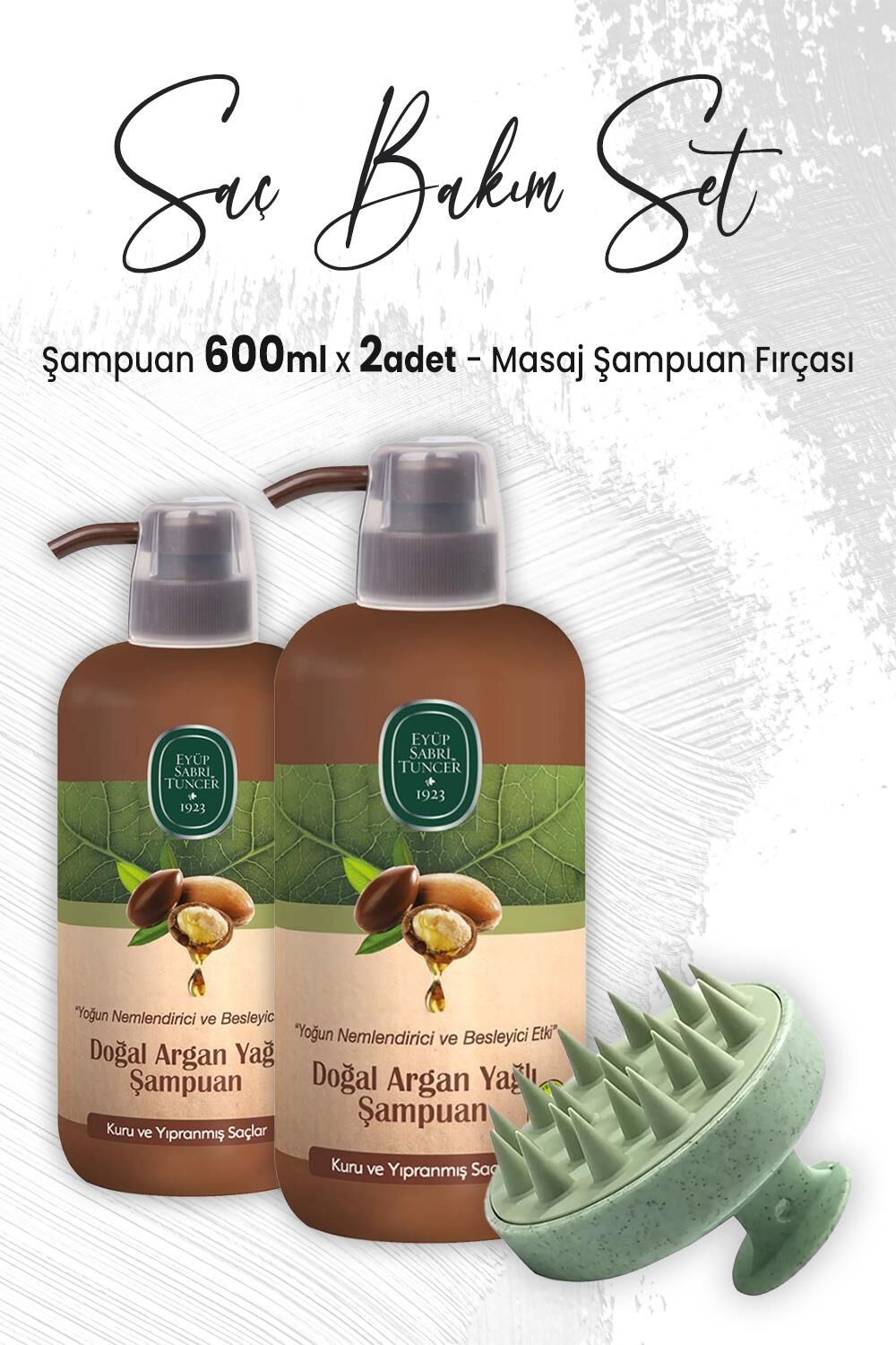 Eyüp Sabri Tuncer Argan Yağlı Şampuan 600 ml x 2 Adet ve Masaj Şampuan Fırçası Yeşil