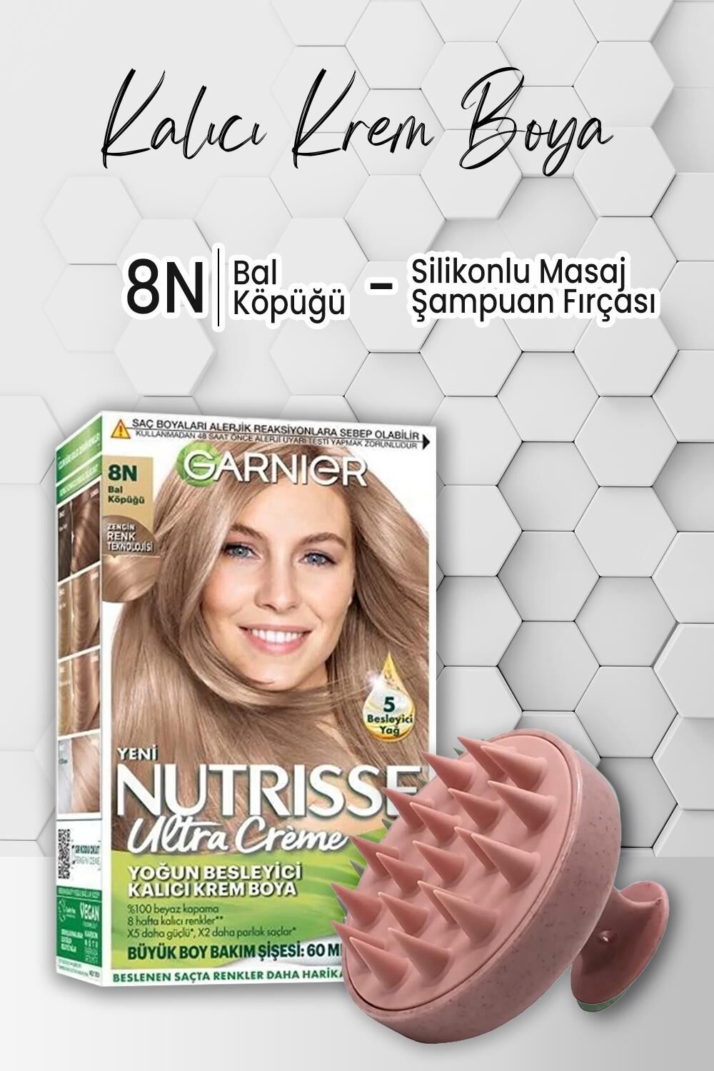 Garnier Nutrisse Besleyici Krem Saç Boyası 8N Bal Köpüğü ve Şampuan Fırçası Pembe