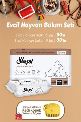 Sleepy Petcare Islak Havlu 60'lı, Bakım Örtüsü 30'lu ve Şampuan Hazneli Yıkama Fırçası Sarı