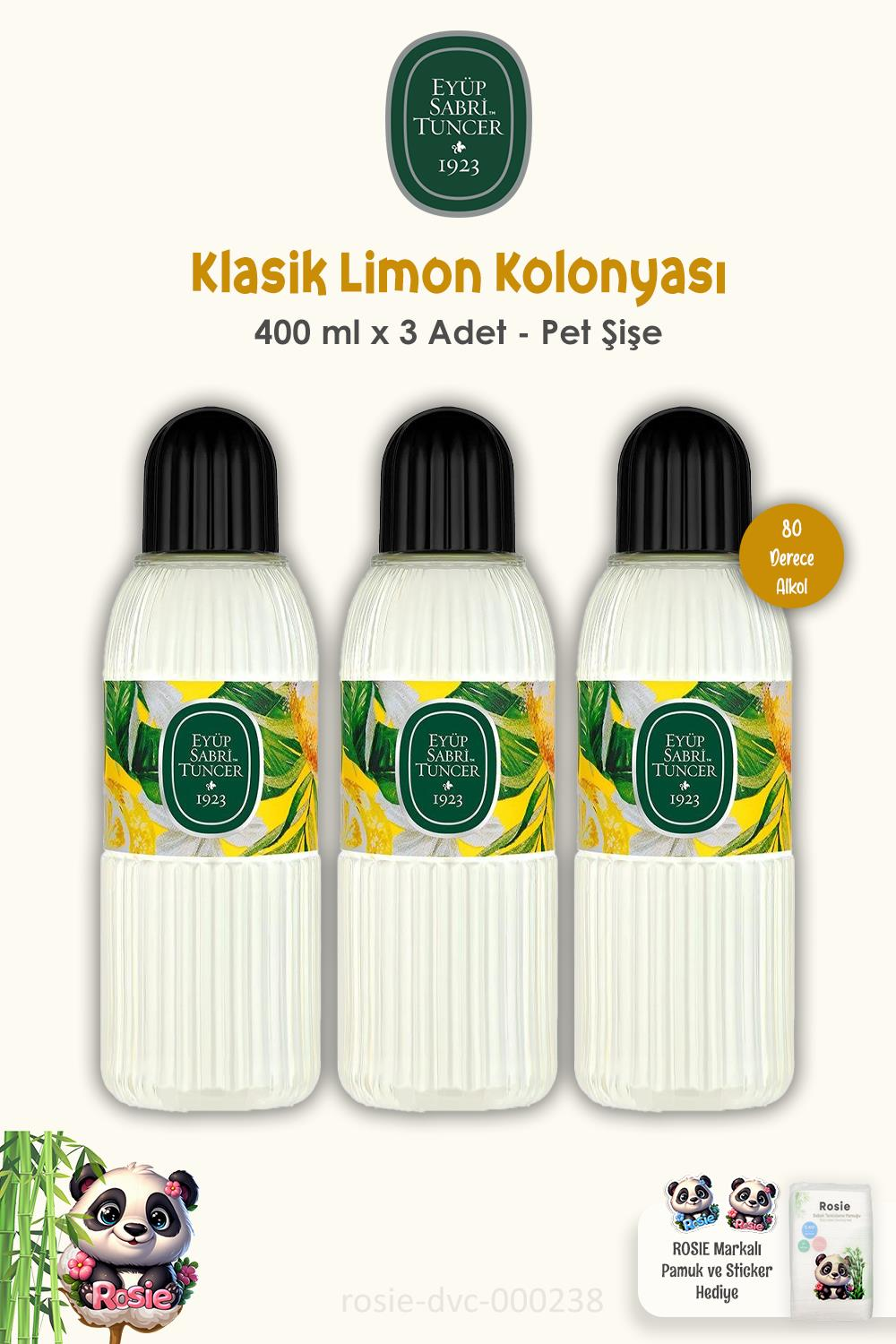 Eyüp Sabri Tuncer Klasik Limon Kolonyası 3'lü 80 Derece Pet Şişe 400 ml ve ROSIE