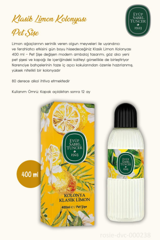 Eyüp Sabri Tuncer Klasik Limon Kolonyası 3'lü 80 Derece Pet Şişe 400 ml ve ROSIE