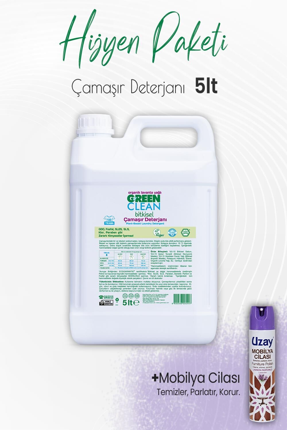 Green Clean Çamaşır Deterjanı Lavanta 5 lt ve Mobilya Cilası Lavanta 300 ml