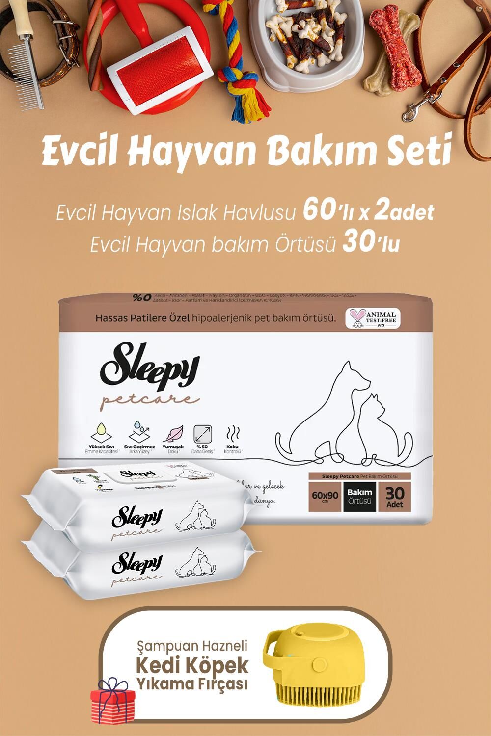 Sleepy Petcare Islak Havlu 60'lı x 2 Adet, Bakım Örtüsü 30'lu, Şampuan Hazneli Yıkama Fırçası Sarı