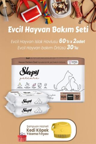 Sleepy Petcare Islak Havlu 60'lı x 2 Adet, Bakım Örtüsü 30'lu, Şampuan Hazneli Yıkama Fırçası Sarı