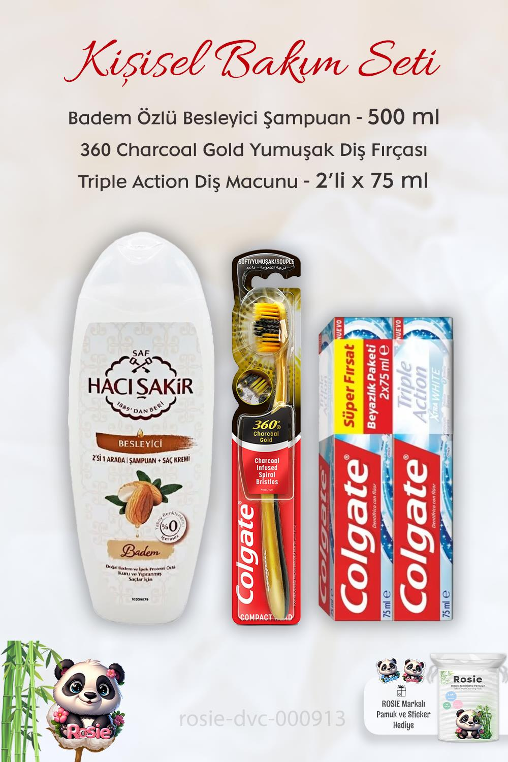 Colgate Triple Action Diş Macunu 2 x 75 ml, 360 Charcoal Diş Fırçası, H.Şakir Bademli Şampuan 500ml