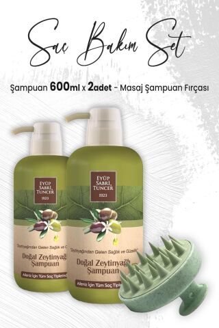 Eyüp Sabri Tuncer Doğal Zeytinyağlı Şampuan 600 ml x 2 Adet ve Masaj Şampuan Fırçası Yeşil