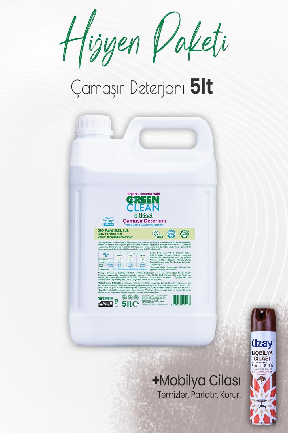 Green Clean Çamaşır Deterjanı Lavanta 5 lt ve Mobilya Cilası Sandalağacı 300 ml