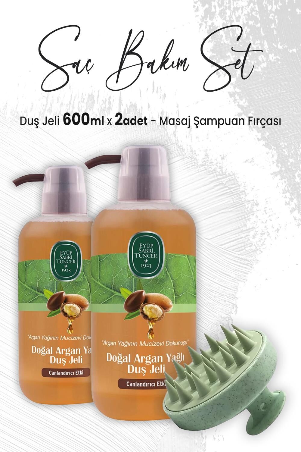 Eyüp Sabri Tuncer Argan Yağlı Duş Jeli 600 ml x 2 Adet ve Masaj Şampuan Fırçası Yeşil