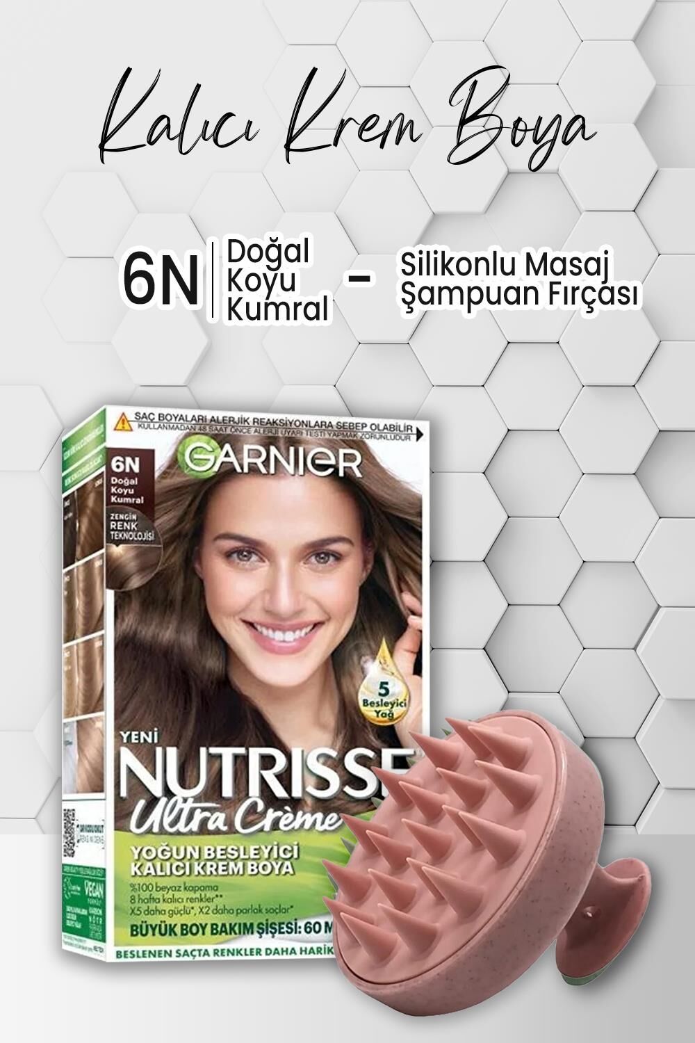 Garnier Nutrisse Besleyici Krem Saç Boyası 6N Doğal Koyu Kumral ve Şampuan Fırçası Pembe