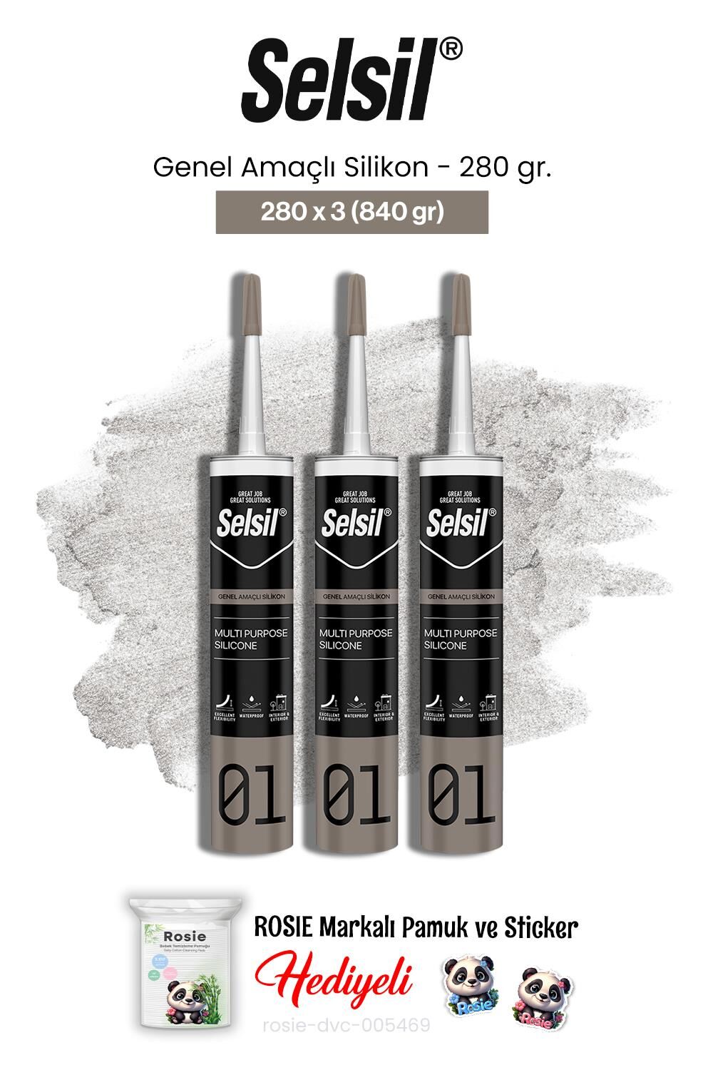 Selsil 3'lü Genel Amaçlı Silikon 280 gr ve rosie pamuk