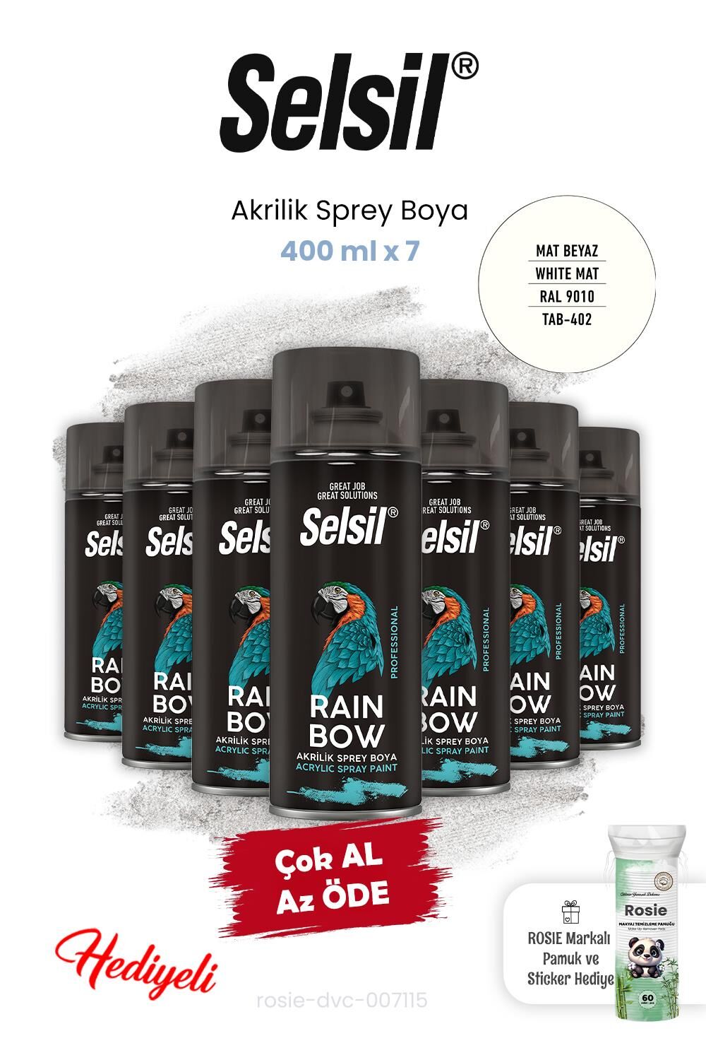 Selsil 400 ml x 7, Mat Beyaz Akrilik Sprey Boya ve Rosie