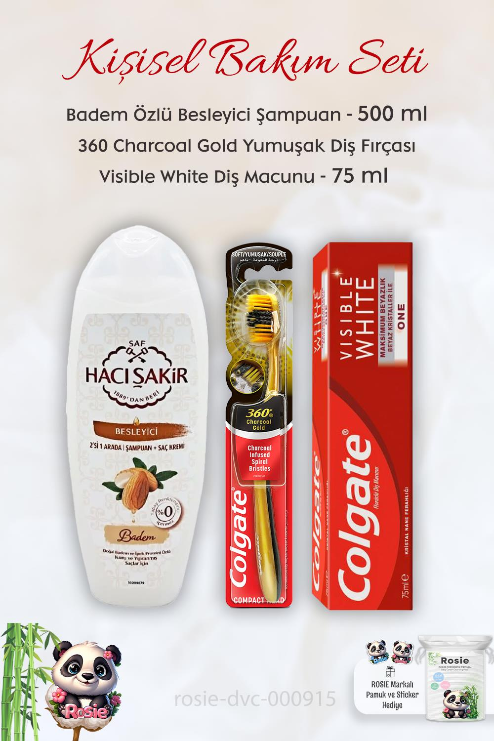 Colgate Visible White Diş Macunu 75 ml, 360 Charcoal Diş Fırçası, H.Şakir Bademli Şampuan 500 ml