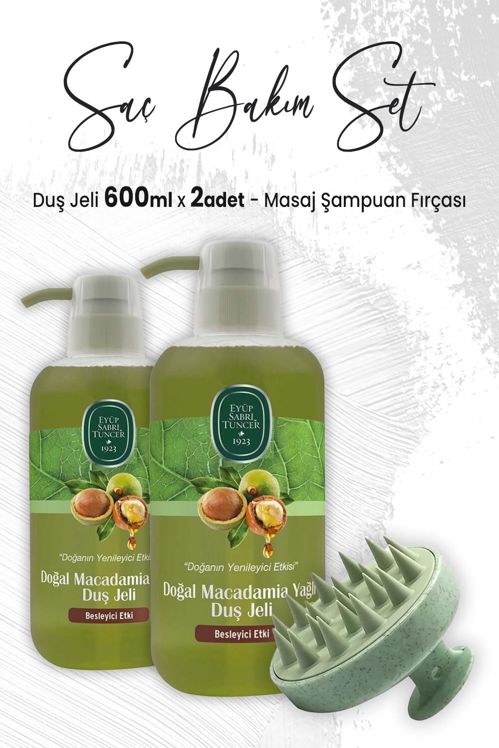 Eyüp Sabri Tuncer Macadamia Yağlı Duş Jeli 600 ml x 2 Adet ve Masaj Şampuan Fırçası Yeşil
