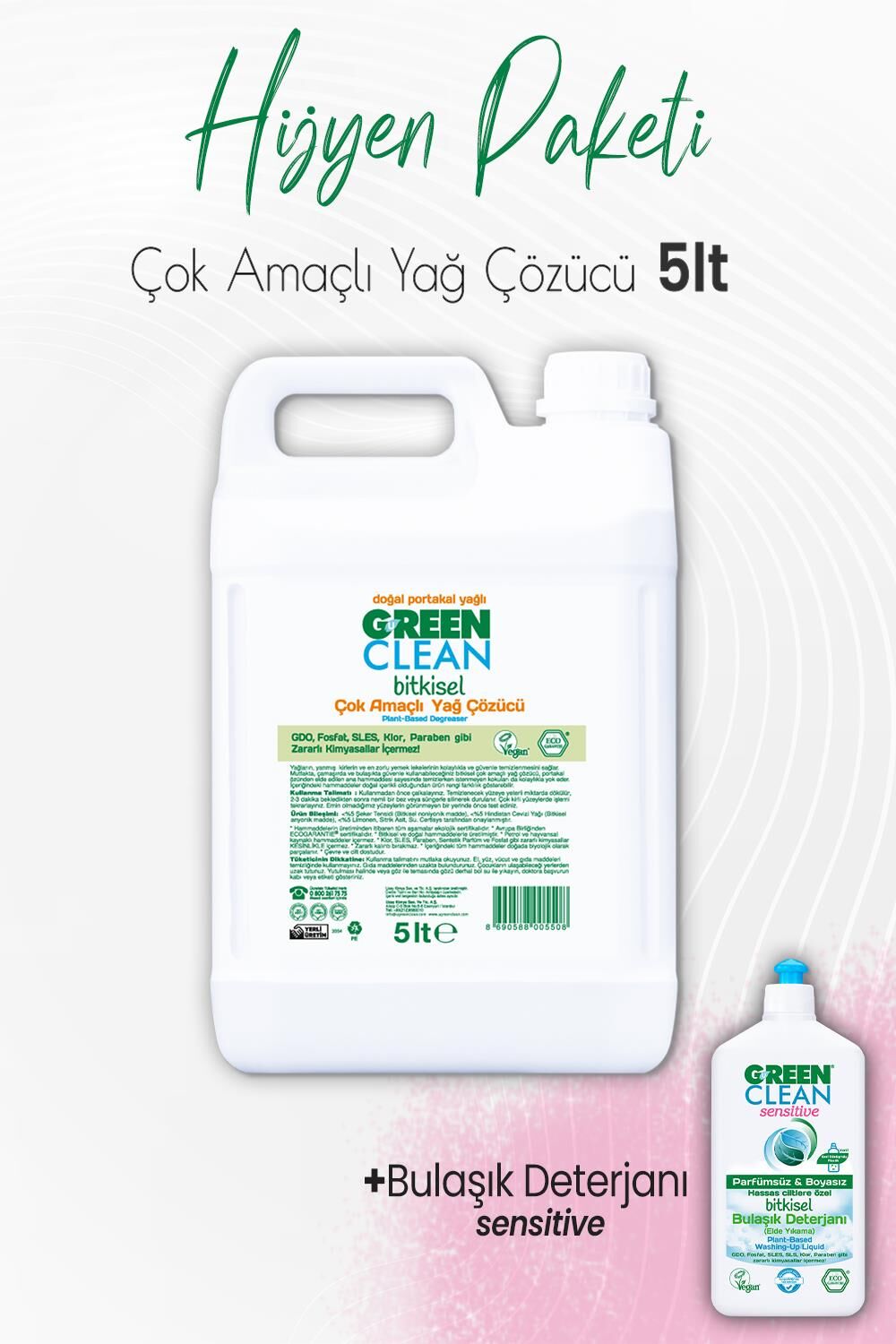 Green Clean Sensitive Bulaşık Deterjanı 500 ml ve Çok Amaçlı Yağ Çözücü Portakal 5 lt
