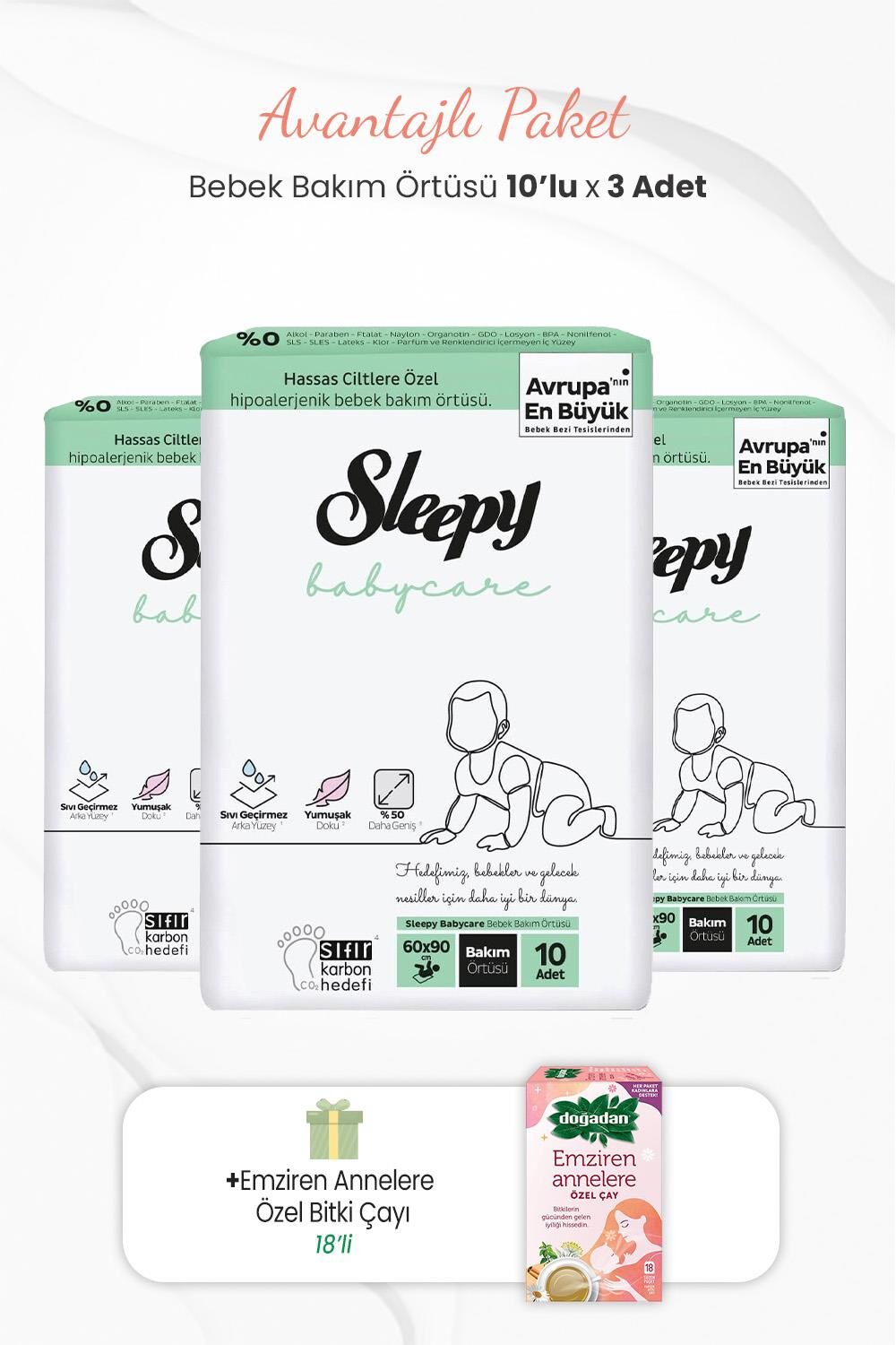 Sleepy 10'lu Babycare Bebek Bakım Örtüsü x 3 Adet ve Emziren Annelere Özel Bitki Çayı