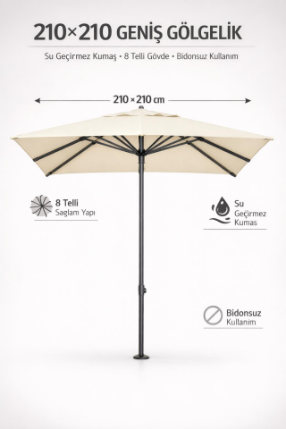 Alubrella Güneş Şemsiyesi Kare, 210 CM, Krem Rengi Su Geçirmez Kumaş, Bidonsuz