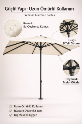 Alubrella Güneş Şemsiyesi Kare, 210 CM, Krem Rengi Su Geçirmez Kumaş, Bidonsuz