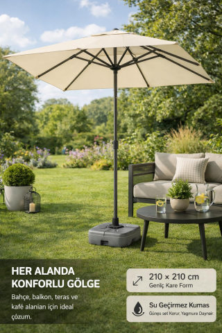 Alubrella Güneş Şemsiyesi Kare, 210 CM, Krem Rengi Su Geçirmez Kumaş, Bidonsuz