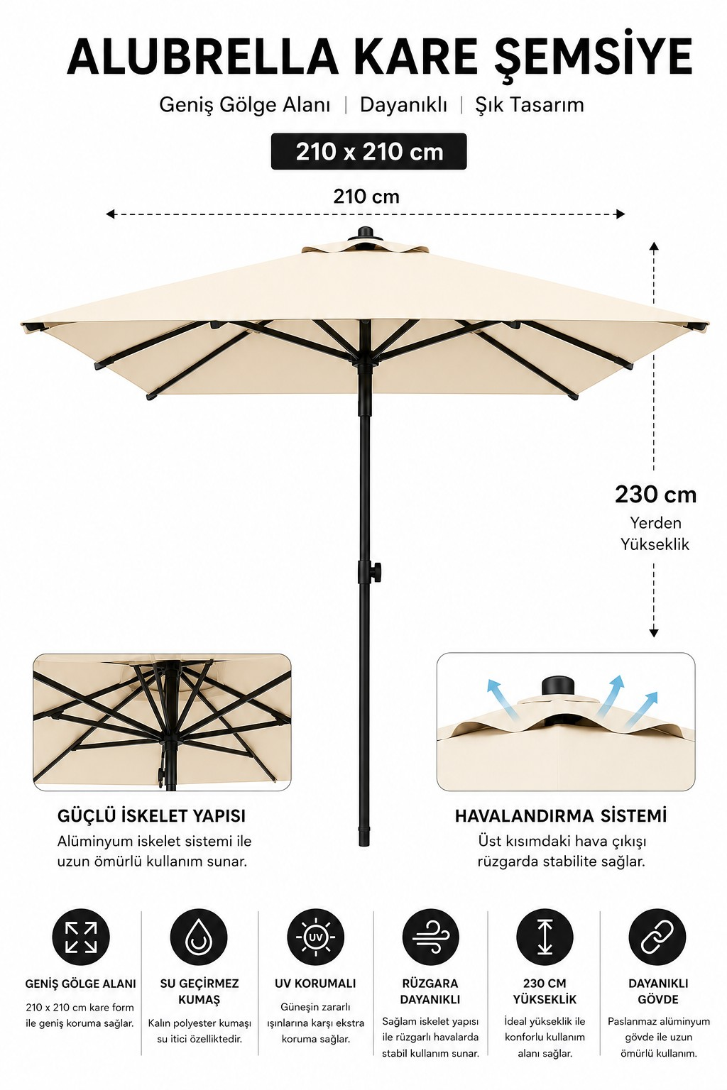 Alubrella Güneş Şemsiyesi Kare, 210 CM, Krem Rengi Su Geçirmez Kumaş, Bidonsuz