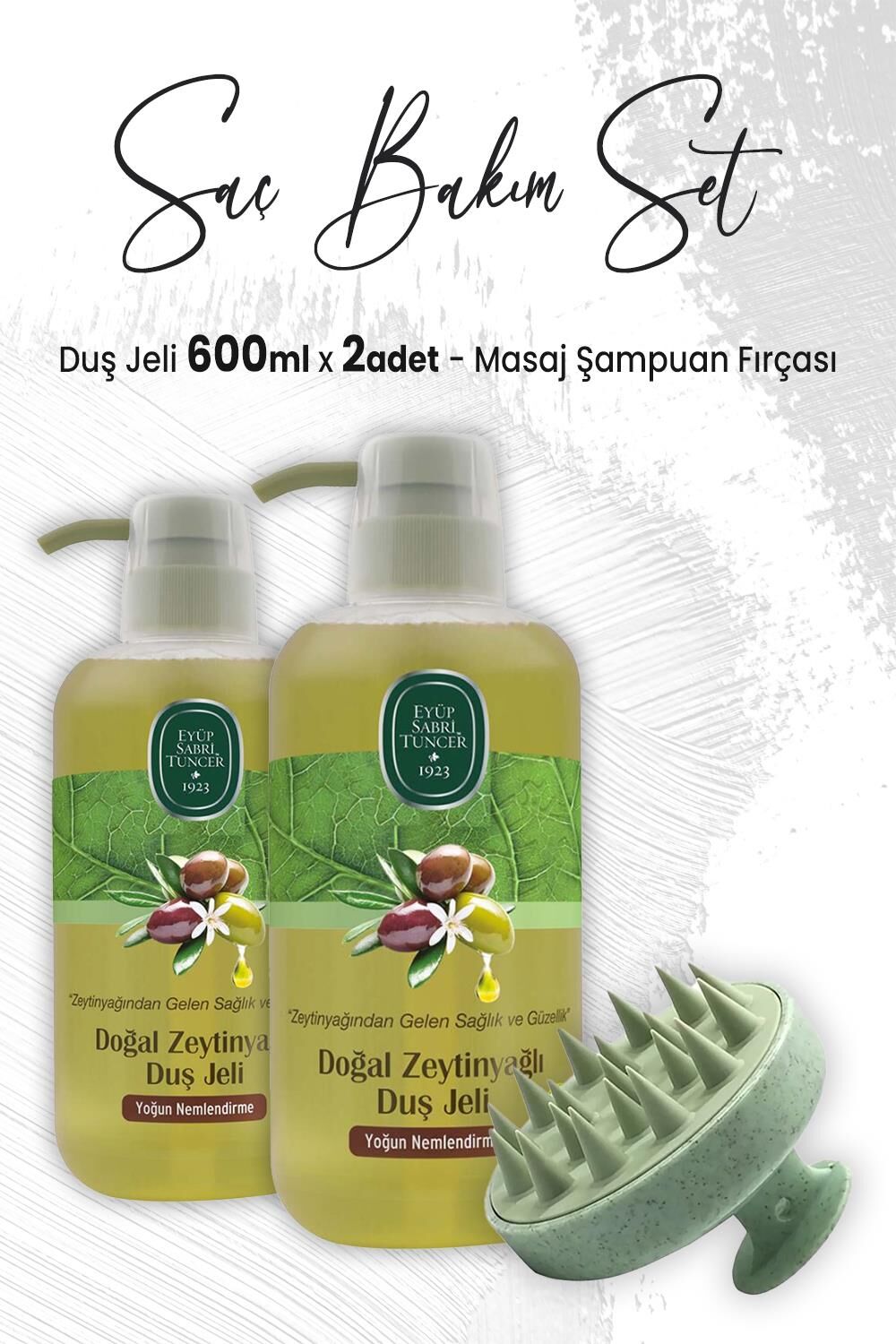 Eyüp Sabri Tuncer Zeytinyağlı Yağlı Duş Jeli 600 ml x 2 Adet ve Masaj Şampuan Fırçası Yeşil