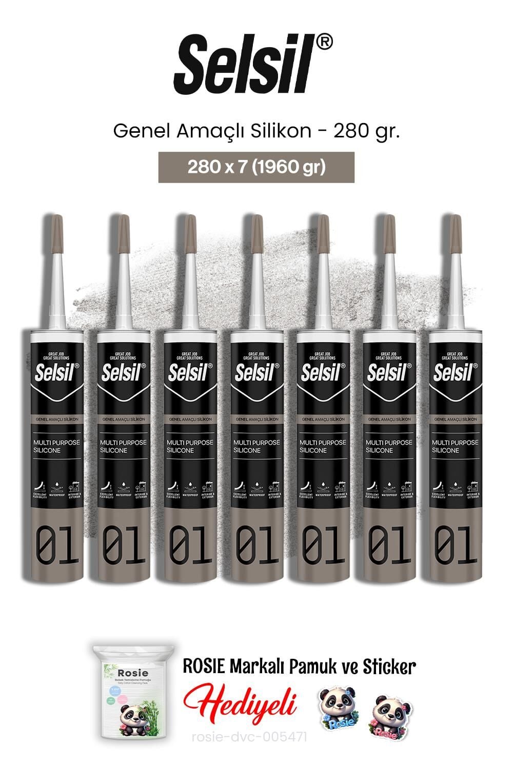 Selsil Genel Amaçlı Silikon 7 AL 6 ÖDE 280 gr ve rosie pamuk