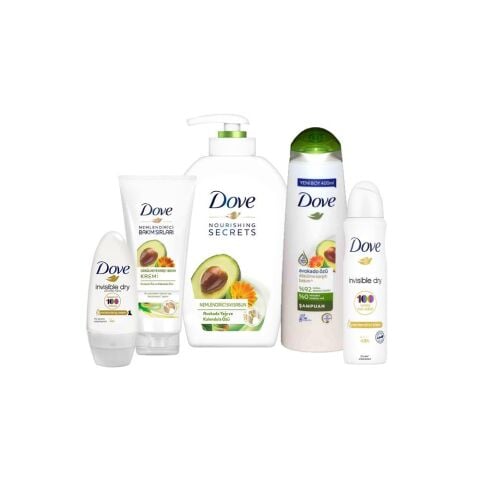 Dove Avokado Yağlı Sıvı Sabun, Şampuan, Saç Kremi, Invisible Dry Roll-On ve Sprey Deodorant