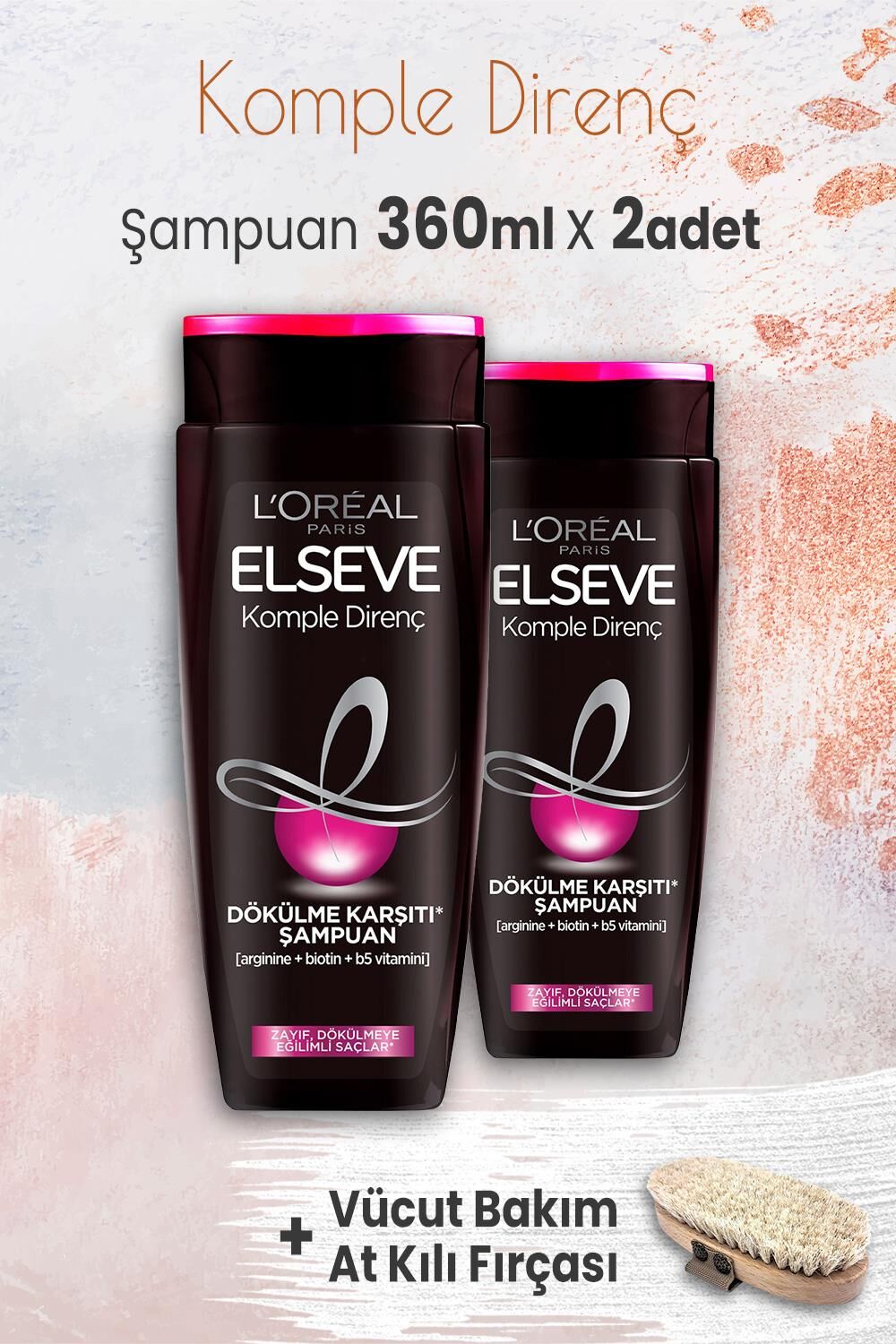 Elseve Komple Direnç Şampuan 360 ml x 2 Adet ve Vücut Bakım At Kılı Fırçası