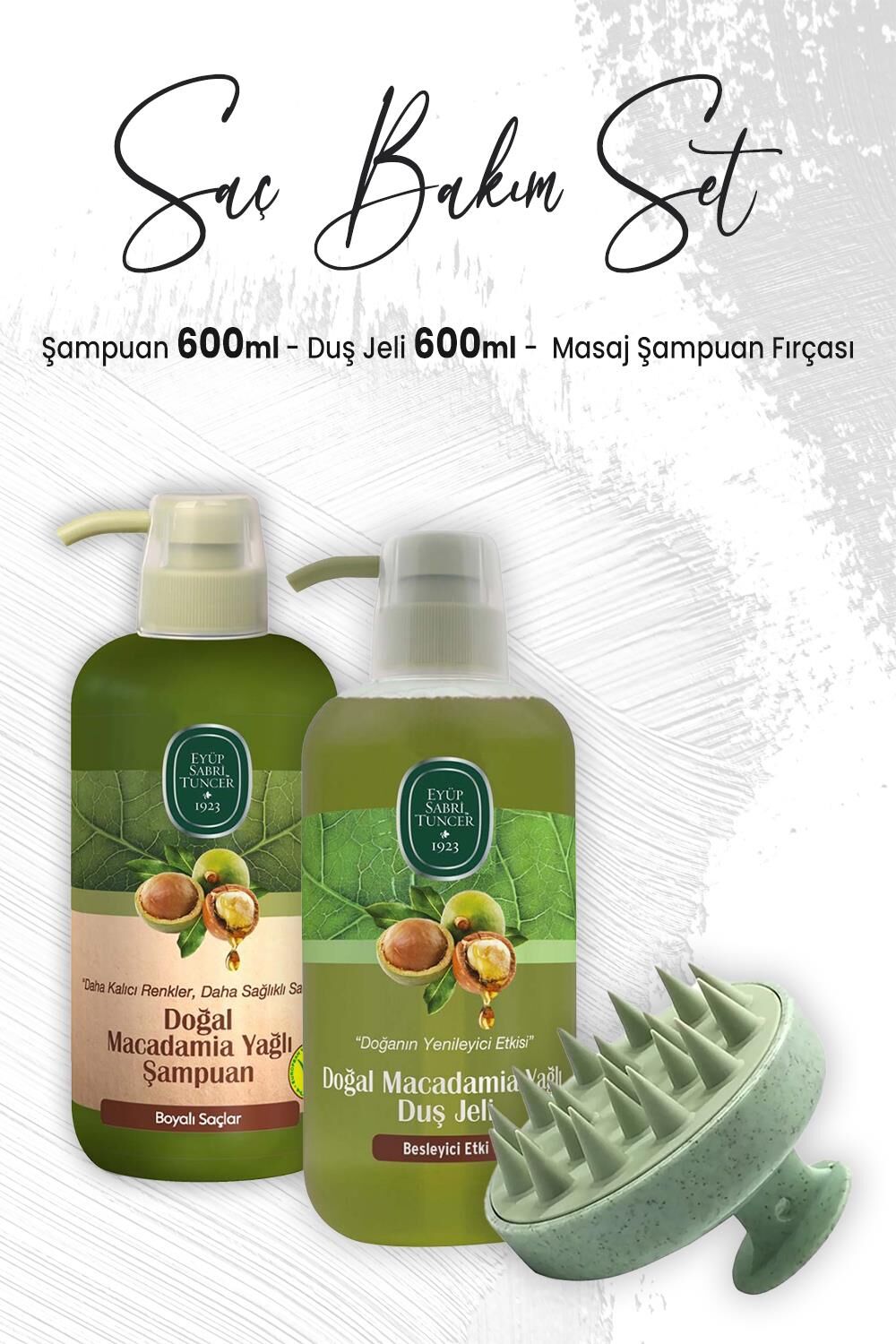 Eyüp Sabri Tuncer Macadamia Yağlı Şampuan 600 ml, Duş Jeli 600 ml ve Masaj Şampuan Fırçası Yeşil