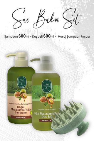 Eyüp Sabri Tuncer Macadamia Yağlı Şampuan 600 ml, Duş Jeli 600 ml ve Masaj Şampuan Fırçası Yeşil