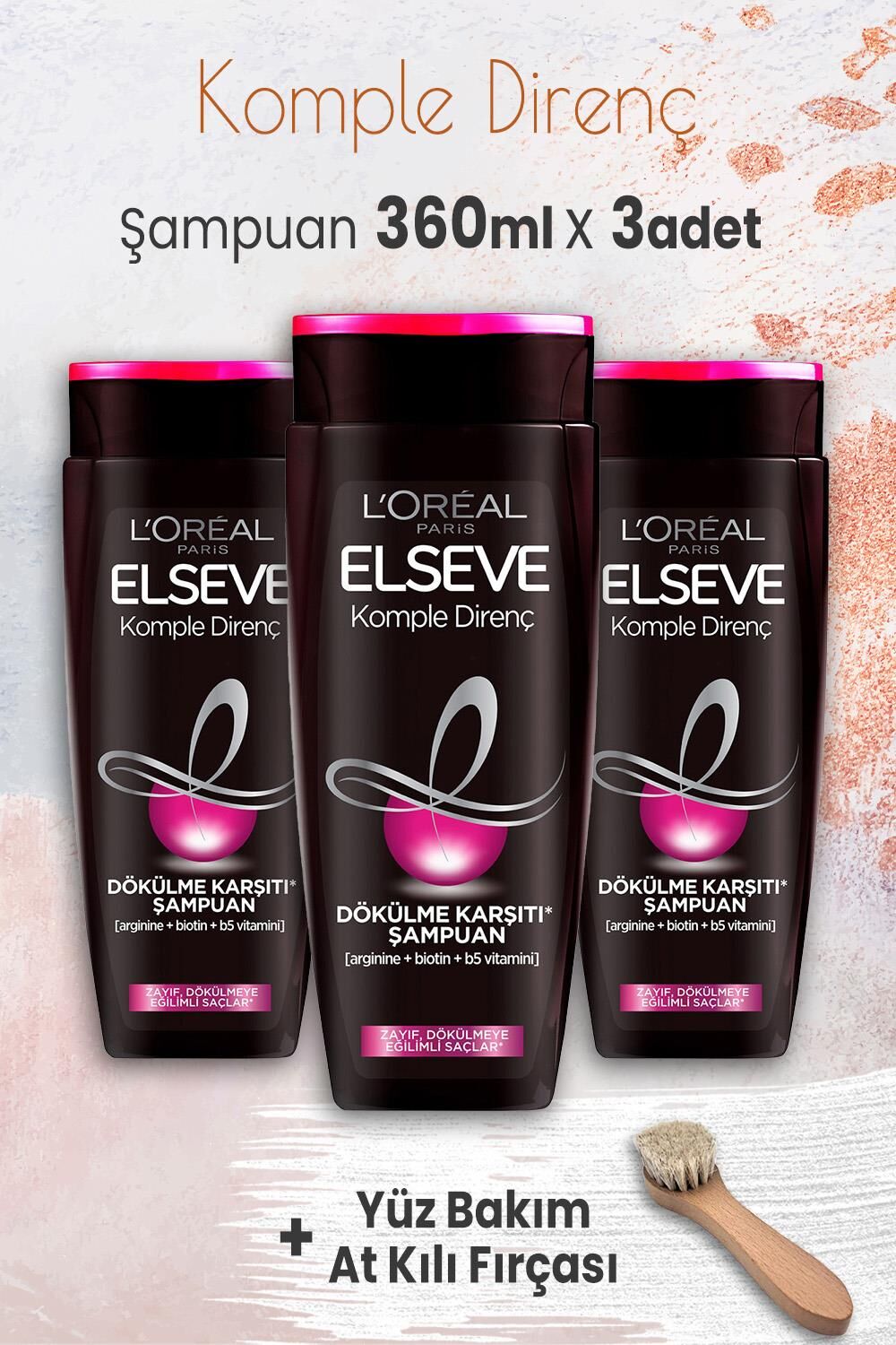 Elseve Komple Direnç Şampuan 360 ml x 3 Adet ve Yüz Bakım At Kılı Fırçası