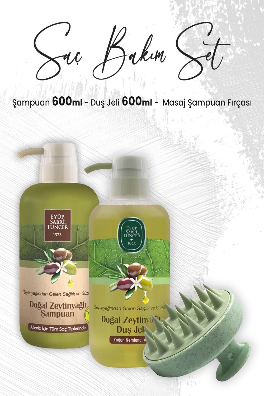 Eyüp Sabri Tuncer Doğal Zeytinyağlı Şampuan 600 ml, Duş Jeli 600 ml ve Masaj Şampuan Fırçası Yeşil
