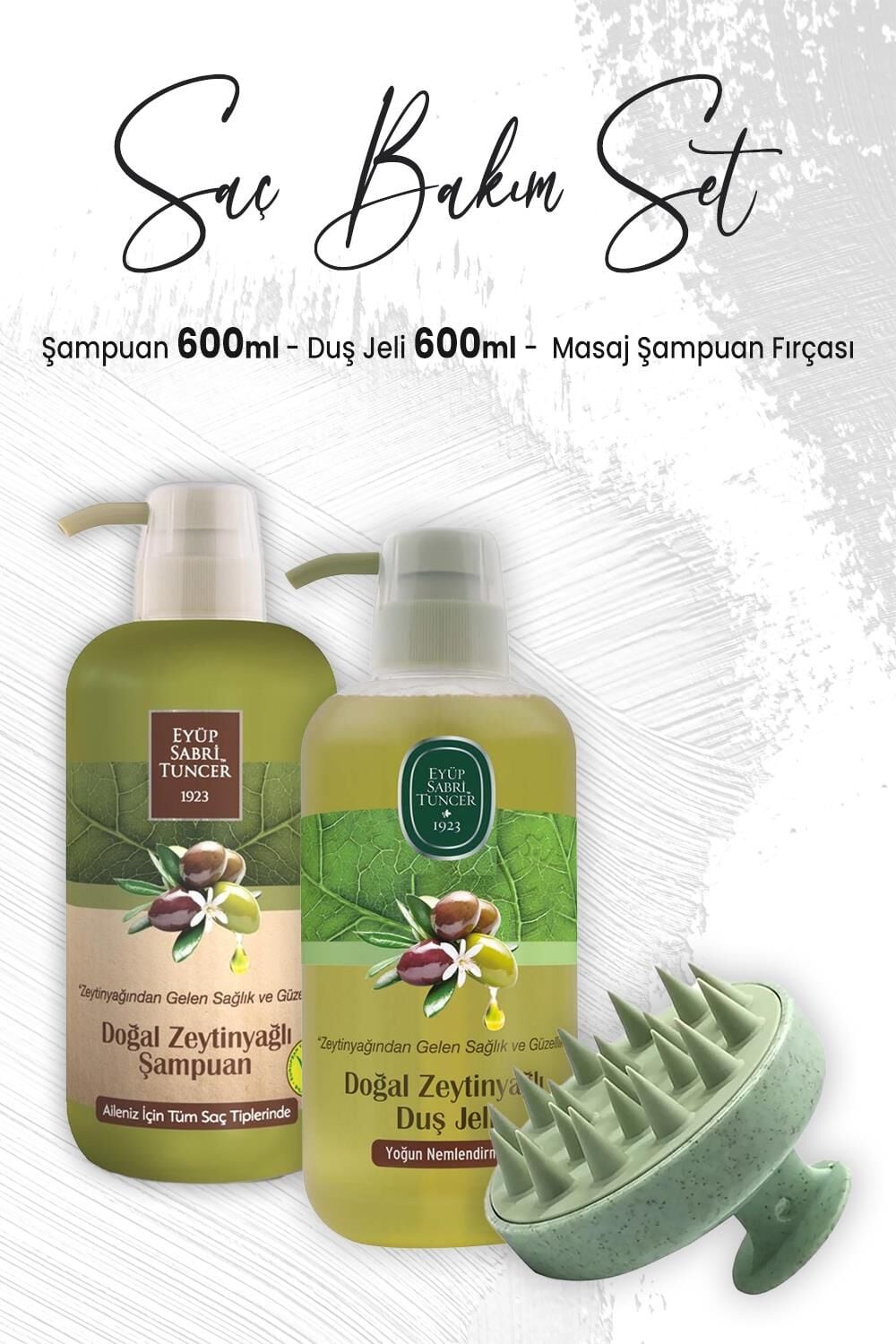 Eyüp Sabri Tuncer Doğal Zeytinyağlı Şampuan 600 ml, Duş Jeli 600 ml ve Masaj Şampuan Fırçası Yeşil
