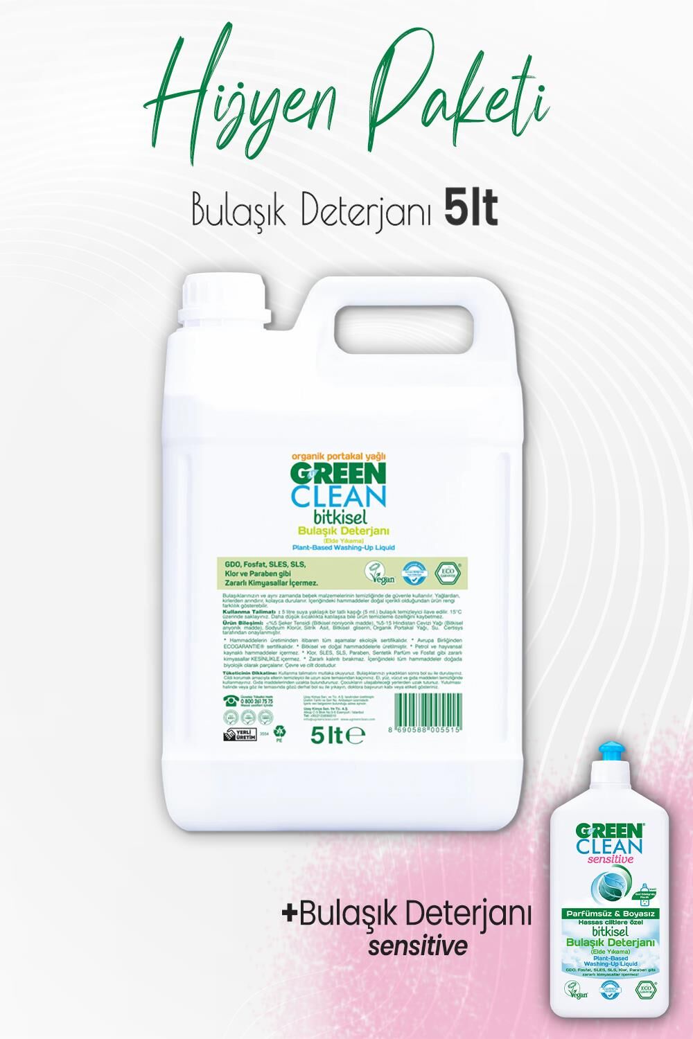 Green Clean Bulaşık Deterjanı Portakal 5 lt ve Sensitive Bulaşık Deterjanı 500 ml