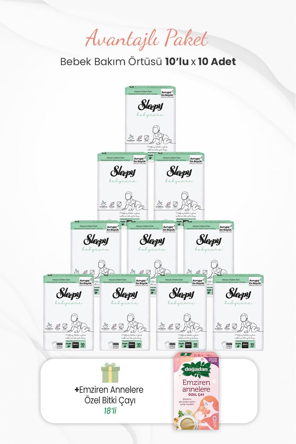 Sleepy 10'lu Babycare Bebek Bakım Örtüsü x 10 Adet ve Emziren Annelere Özel Bitki Çayı