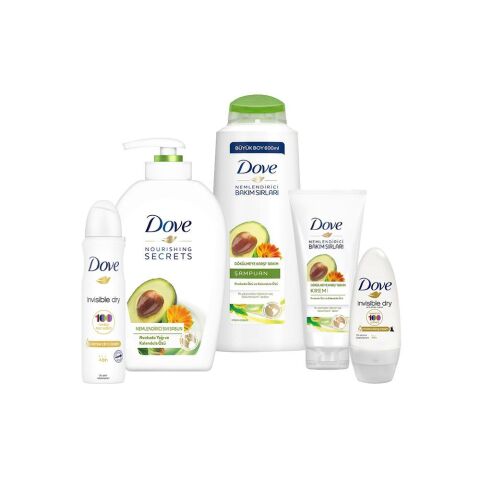 Dove Avokado Yağlı Sıvı Sabun, Saç Kemi ve Şampuan, Invisible Dry Roll-On ve Sprey Deodorant