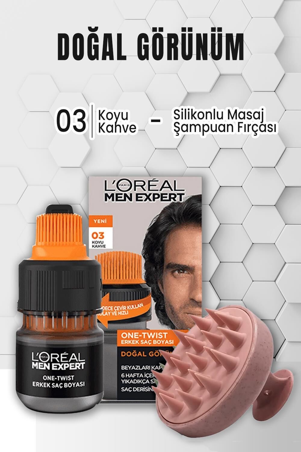 Loreal Paris Men Expert Saç Boyası 03 Koyu Kahve ve Şampuan Fırçası Pembe