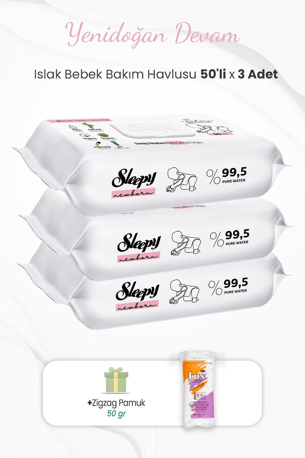 Sleepy Yenidoğan Bakım Havlusu 50'li x 3 Adet ve Zigzag Pamuk 50 gr
