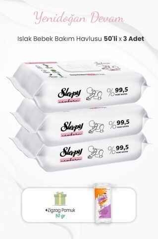 Sleepy Yenidoğan Bakım Havlusu 50'li x 3 Adet ve Zigzag Pamuk 50 gr
