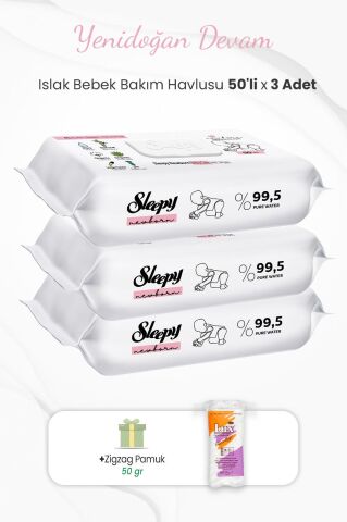 Sleepy Yenidoğan Bakım Havlusu 50'li x 3 Adet ve Zigzag Pamuk 50 gr