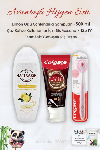 Colgate Kafein Kullananlar için Diş Macunu 125 ml,  FoamSoft Diş Fırçası, H.Şakir Limonlu Şampuan 500 ml