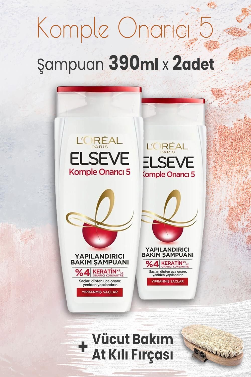 Elseve Komple Onarıcı 5 Yapılandırıcı Şampuan 390 ml x 2 Adet ve Vücut Bakım At Kılı Fırçası