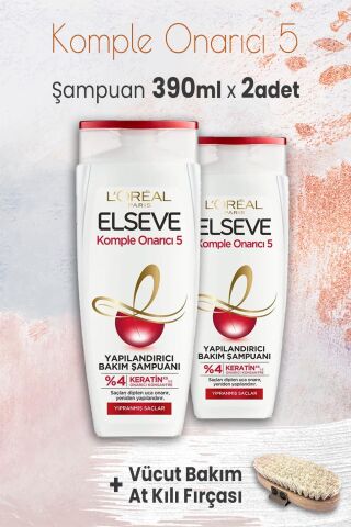 Elseve Komple Onarıcı 5 Yapılandırıcı Şampuan 390 ml x 2 Adet ve Vücut Bakım At Kılı Fırçası