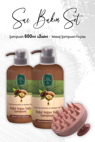 Eyüp Sabri Tuncer Doğal Argan Yağlı Şampuan 600 ml x 2 Adet ve Masaj Şampuan Fırçası Pembe