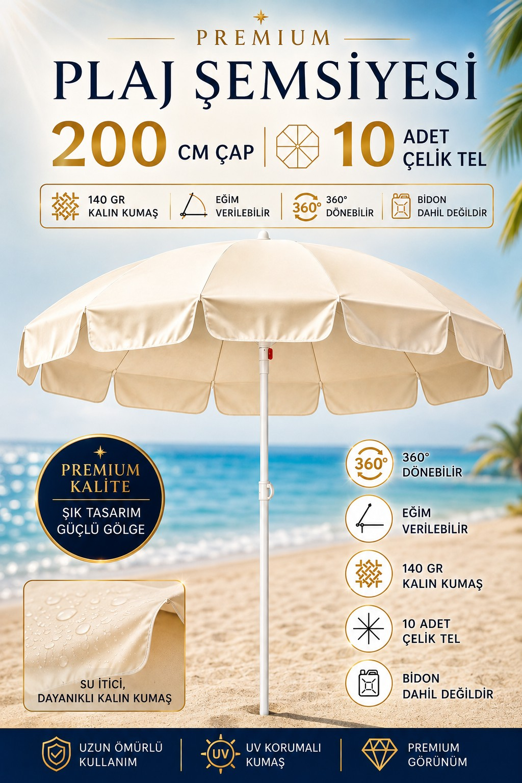 Plaj Şemsiyesi, Krem Renkli, 10 Telli, 2 Metre Çaplı, Güneşe Göre Açılanabilir Bidonsuz
